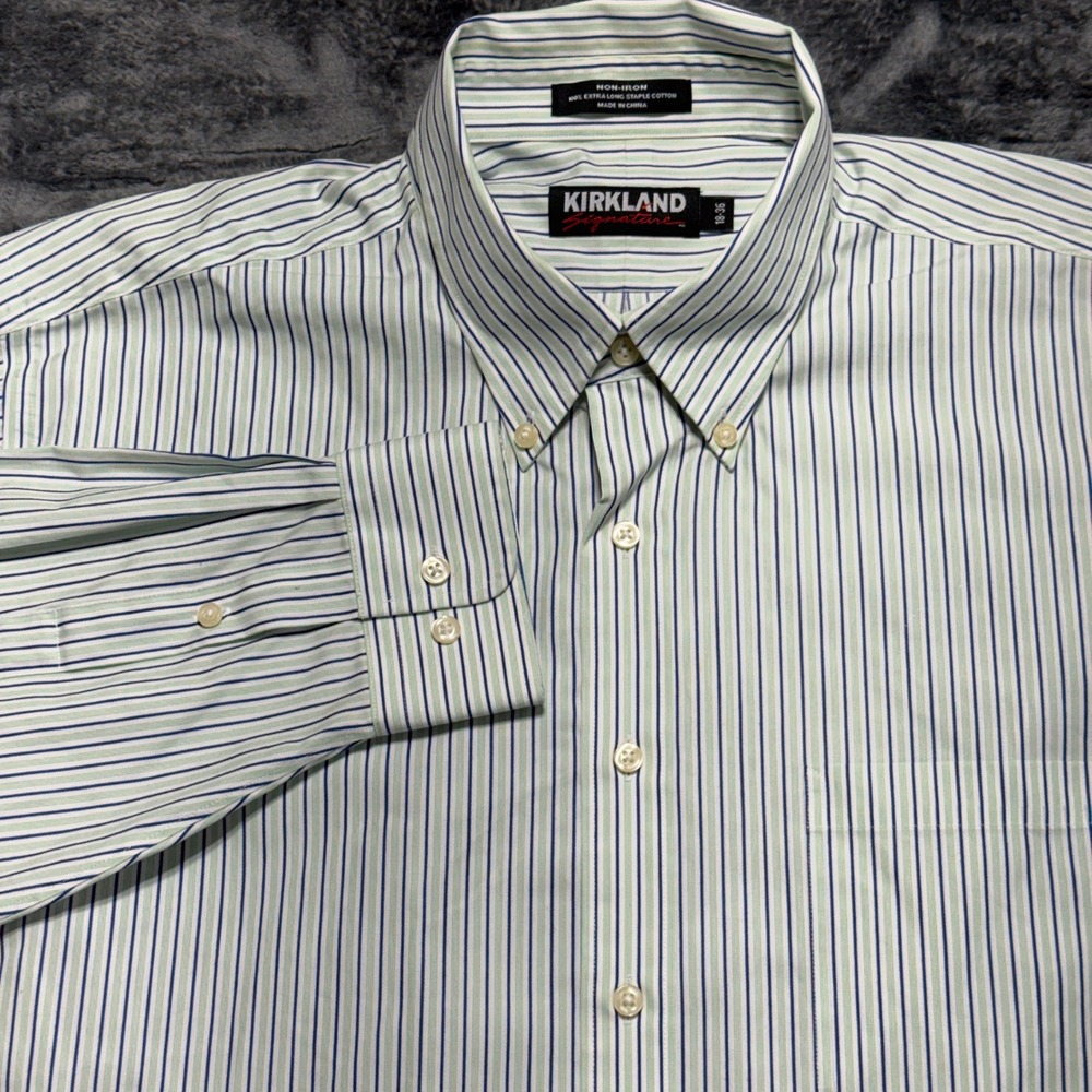 Kirkland Signature‎ Dress Shirt Men 18-36 Blue Green Striped Non-Iron 365676